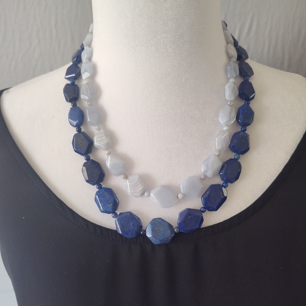 Vintage Lapis Lazuli Blue Lace Agate Double Strand Beaded Necklace 21in DW1151